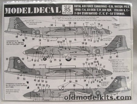 Modeldecal 1/72 RAF Canberra / Italian F-104S Starfighter Decals, 85 plastic model kit